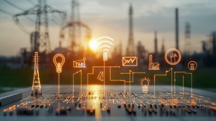 Futuristic smart power grid concept art featuring automated energy transmission distribution and management systems with digital connectivity