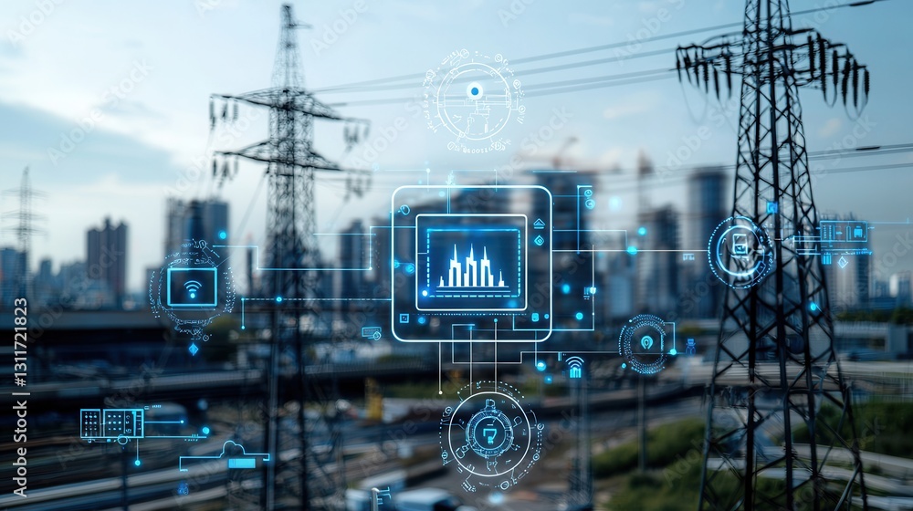 Poster automated smart power grid concept art featuring futuristic urban cityscape with skyscrapers electri