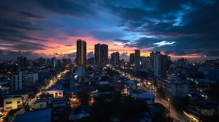 Fototapeta premium Dramatic sunset cityscape with skyscrapers and colorful clouds.