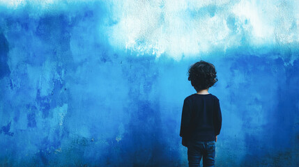 Obraz premium Young caucasian child standing against a vibrant blue textured wall