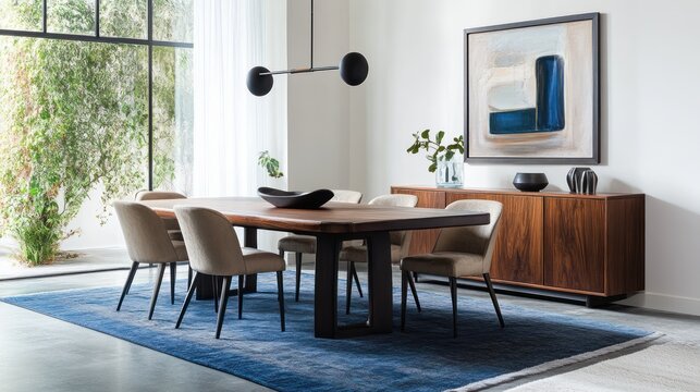 Modern Dining Room with Large Table and Built-in Cabinet