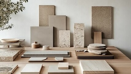 A collection of neutral-toned materials and textures arranged aesthetically for design inspiration.