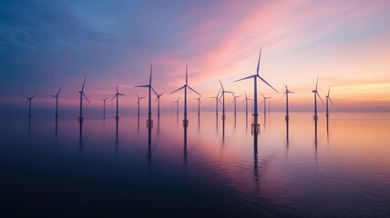 Obraz premium Aerial view of a serene offshore wind farm at sunrise, reflecting calm waters and sustainable energy innovation.