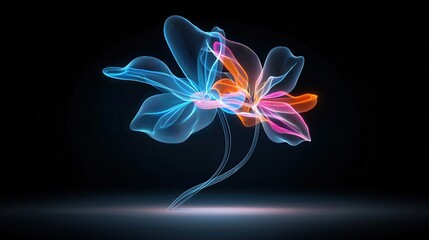 Stylized neon floral motifs featuring glowing vibrant petals and swirling dynamic shapes in a captivating abstract digital