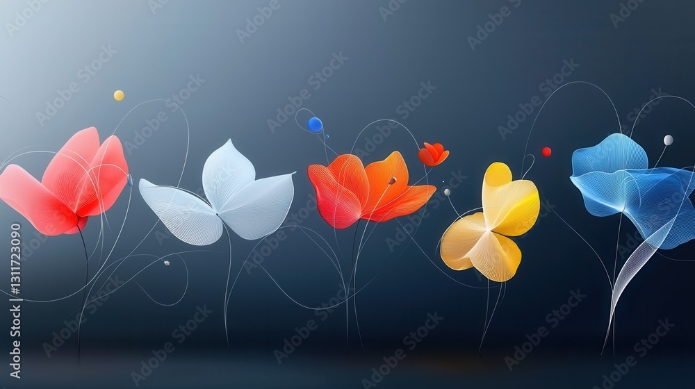 Poster stylized neon floral motifs with glowing petals and swirling patterns in a vibrant digital and abstr
