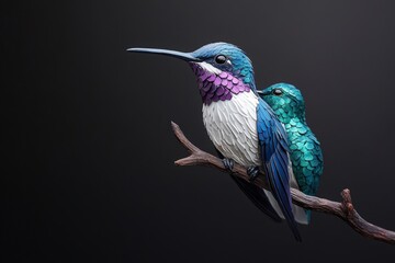 Fototapeta premium Two colorful hummingbirds perched on a branch, showcasing vibrant plumage against a dark background.