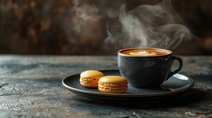 colorful macaroons in a cup with a cup of coffee