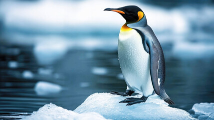 Fototapeta premium Majestic emperor penguin standing on iceberg in antarctic waters
