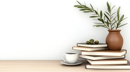 A well-arranged workspace features books, an olive branch in a vase, and a coffee cup, set against a clean white wall