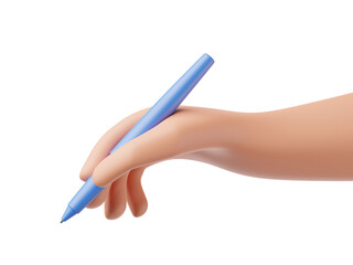 Side view cartoon character hand with blue pen isolated over transparent background. 3d render illustration