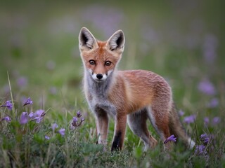 A curious red fox stands amidst blooming purple flowers, showcasing its striking coat and expressive eyes.
