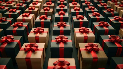 Fototapeta premium A grid of neatly wrapped gifts, all in a gold paper with a red ribbon, creating a festive and uniform pattern.