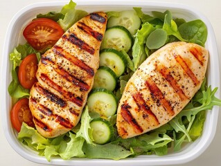 Healthy grilled chicken breast with mixed greens and cucumber salad on a plate.