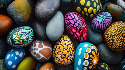 Colorful Painted Stones with Intricate Patterns and Textures