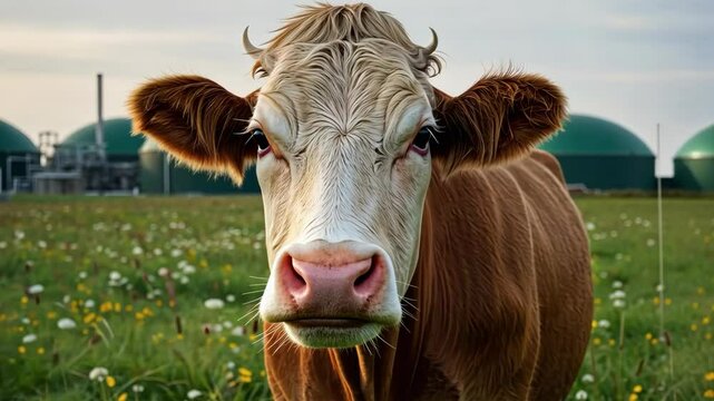 A cow grazing in a field with a biogas plant in the background, showcasing sustainable energy production and agriculture.