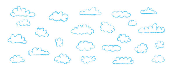 Set of abstract pencil clouds. Hand drawn cartoon cloudy sky. Vector illustration of collection of white eddy on white background. Imitation of a child's drawing with pencils on blackboard