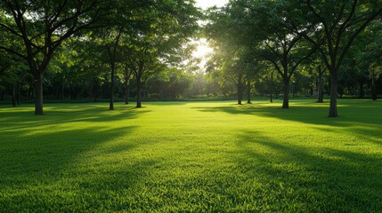Obraz premium Sunlight filters through lush green trees in a serene park, casting shadows on vibrant grass, creating a peaceful and refreshing natural scene full of tranquility and calmness.