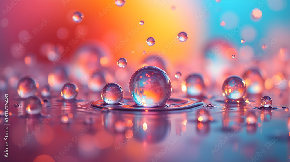Poster abstract macro water droplets reflecting vibrant colorful bokeh background
