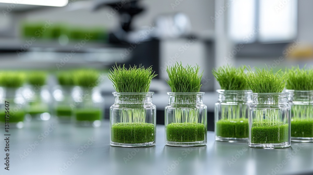 Poster technicians conducting experiments and analysis on biofuel samples in a laboratory setting with orga