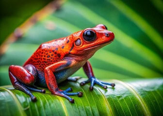 Obraz premium Vibrant Red Poison Dart Frog in Rainforest Habitat - Close-Up Documentary Style