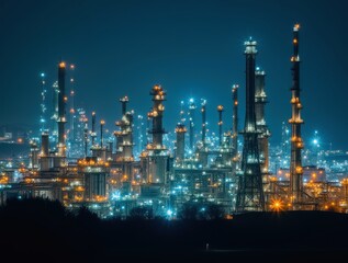 Fototapeta premium Illuminated oil refinery towers glowing at night