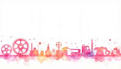 Industrial silhouette with gears and vehicles in watercolor style