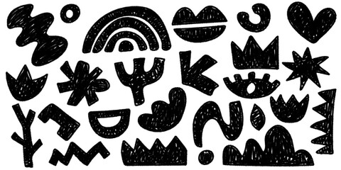 Set of pencil drawn modern blsck textured shapes. Trendy collections of abstract doodle pieces. Creative collage with funky abstract geometric objects in a naive style