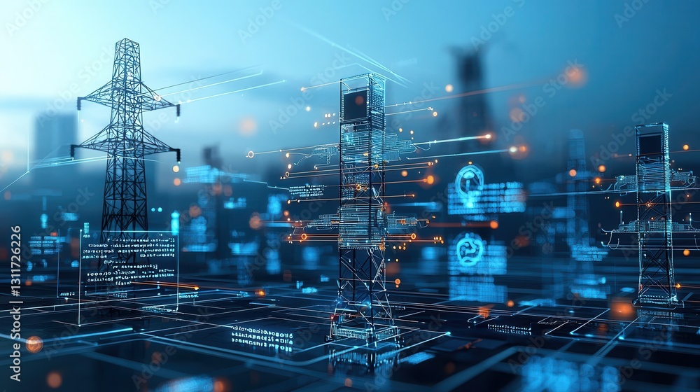 Poster futuristic aerial view of an ultra modern glowing digital energy network with interconnected power i