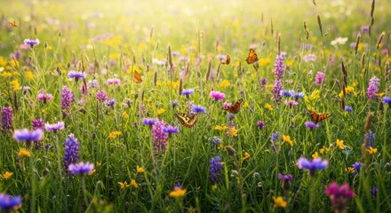 Vibrant butterflies soaring over a colorful wildflower meadow at sunrise