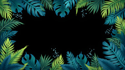 Stunning Green Blue Monstera Fern Tropical Leaves Border Frame Decorative Jungle Style Black Background