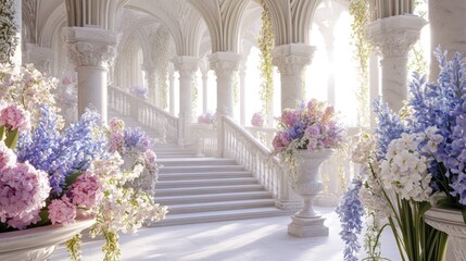 Spring festive marble stairs and arches with Hyacinth flowers and green leaves decorations, fantasy palace, stone spiral stair with floral garlands, fairytale princess castle interior, AI generated