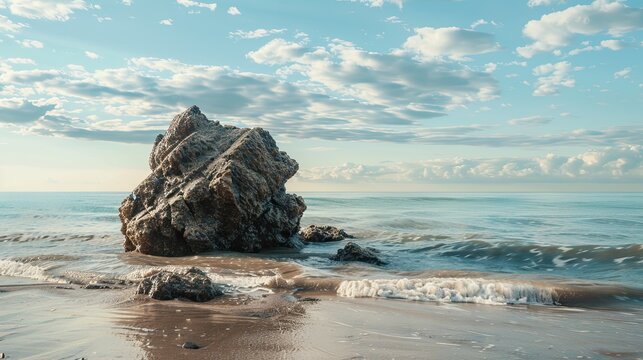 Coastal serenity, captivating rock formation meeting the tranquil ocean waves - Powered by Adobe
