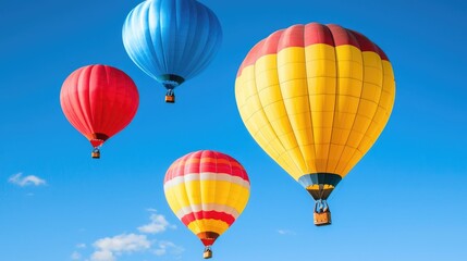 Naklejka premium Colorful Hot Air Balloons Soaring in Bright Blue Sky with Clouds