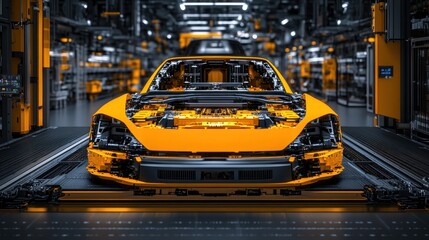 Obraz premium A glimpse into the automotive assembly line: A partially assembled yellow car on a conveyor belt, showcasing intricate details of its internal structure and components.