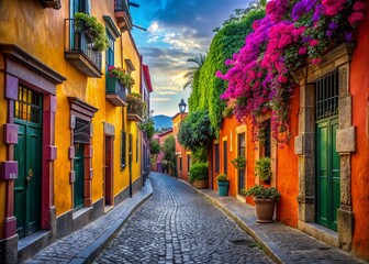 Naklejka premium Vibrant San Miguel de Allende: Colorful Colonial Architecture & Cobblestone Streets - Macro Photography