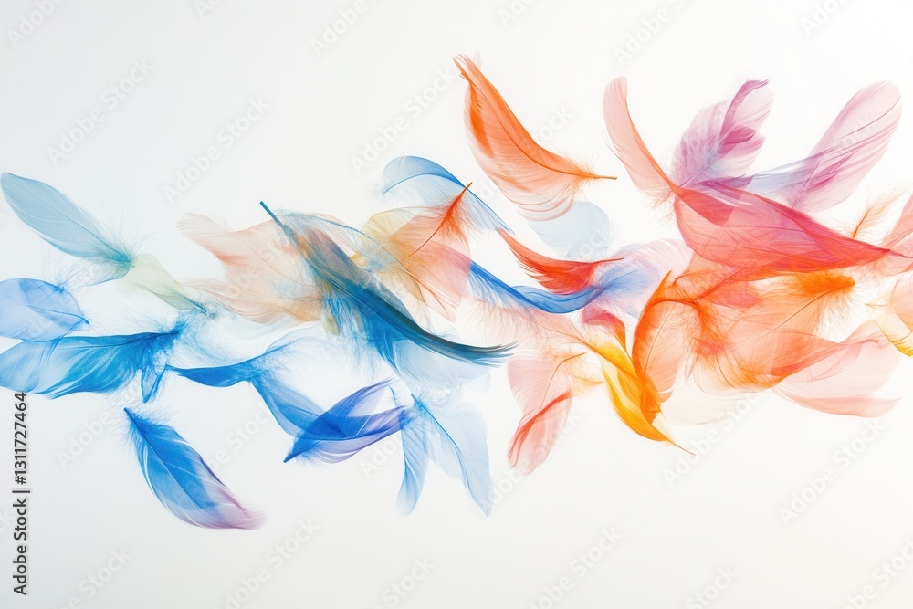 Poster Floating feathers dance softly against a white background in a dreamlike composition for ethereal tranquility