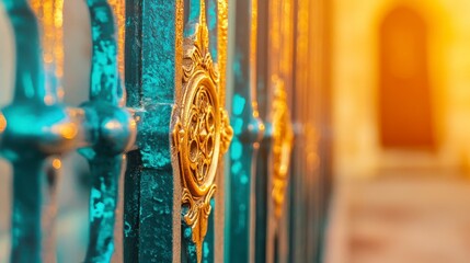 Ornate Teal Metal Fence with Gold Details and Warm Background