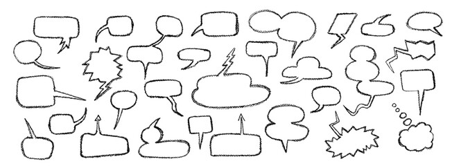 Speech bubbles crayon set. Collection of hand drawn chalk elements. Cute child black dialog boxes on white background. Vector charcoal handwriting comic text clouds in doodle style. Grunge texture. © A_Y_N