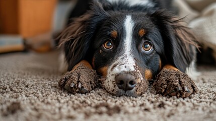 Cute dog leaving muddy paw prints on carpet
