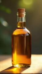 Amber glass olive oil bottle, natural cork, sunlight, wood, mediterranean