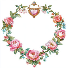 beautiful floral wreath featuring pink roses and blue flowers, adorned with heart shaped pendant, perfect for romantic themes and decorations