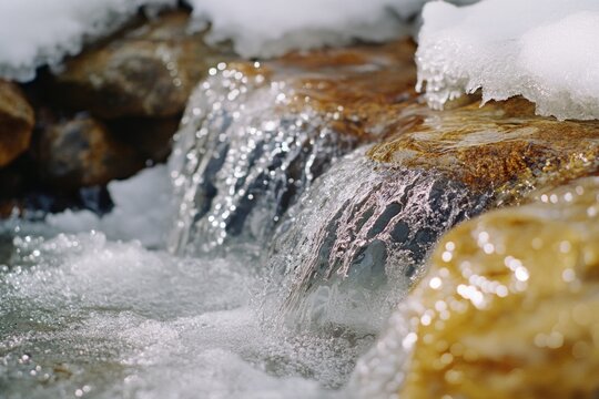 Scenic water rapids frozen at the edges during winter, with a beautiful view of natural landscapes.