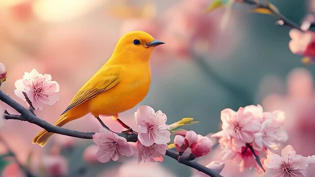 Bright Yellow Bird Chirping on a Blooming Branch Covered in Spring Flowers