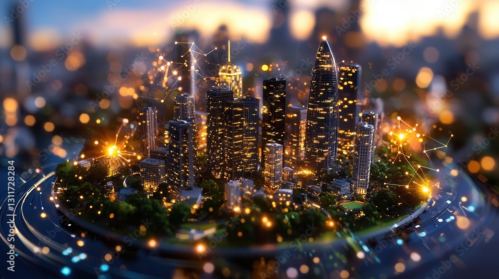 Poster futuristic night cityscape with a glowing energy grid management center monitoring the power infrast