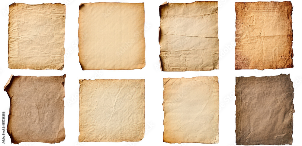 Poster collection of eight textured paper sheets. each varying in color and appearance. ranging from aged p