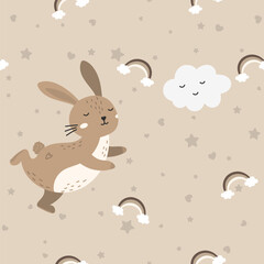 Seamless vector pattern featuring bunnies and fluffy clouds in soft pastel tones, perfect for baby textiles, nursery wallpapers, and children s clothing