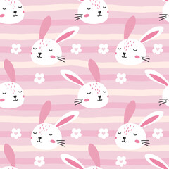 Seamless vector pattern featuring cute bunnies, flowers, and woodland elements in soft pastel tones, perfect for spring holiday designs, children s clothing, and wrapping paper