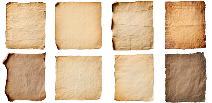 collection of eight textured paper sheets. each varying in color and appearance. ranging from aged parchment to crumpled surfaces these sheets can serve various purposes such as backgrounds for design