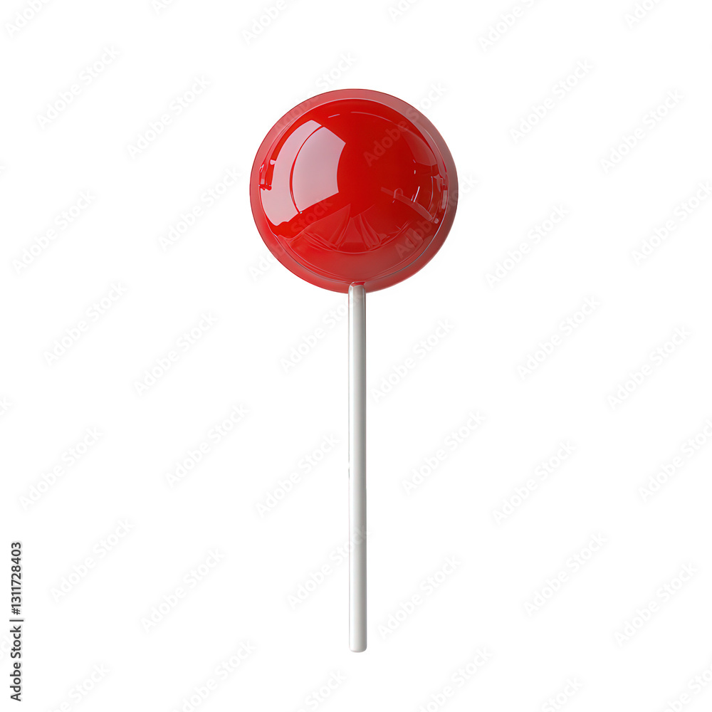Poster bright red lollipop with a glossy finish. resting on a white background the lollipop has a round sha