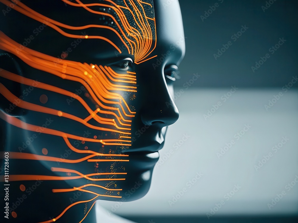 Poster a futuristic, stylized profile of a humanoid figure, featuring illuminated circuit patterns that sug